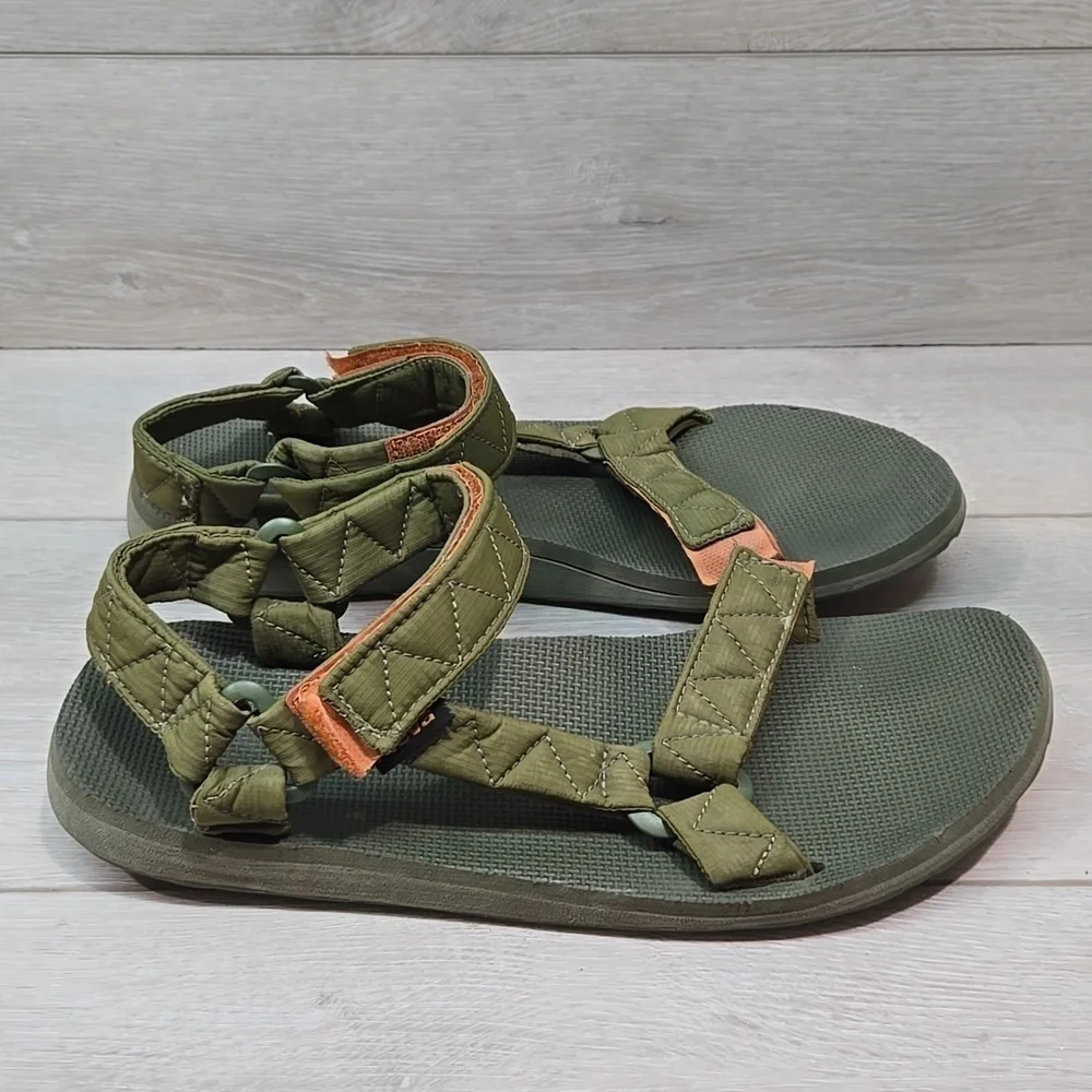 Teva Mens Outdoor Hiking Green & Orange Hook& Loop Sandals Slide Shoes Sz 10